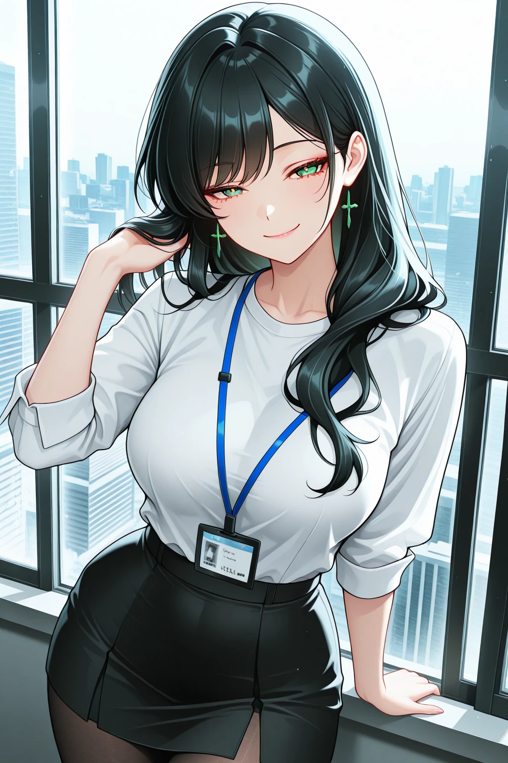 1lady sitting, holding a coffee cup, office worker outfit, /(id card lanyard/), mature female, /(black hair/) bangs, (masterpiece best quality:1.2) delicate illustration ultra-detailed, large breasts BREAK /(modern office indoors/), window skyscraper