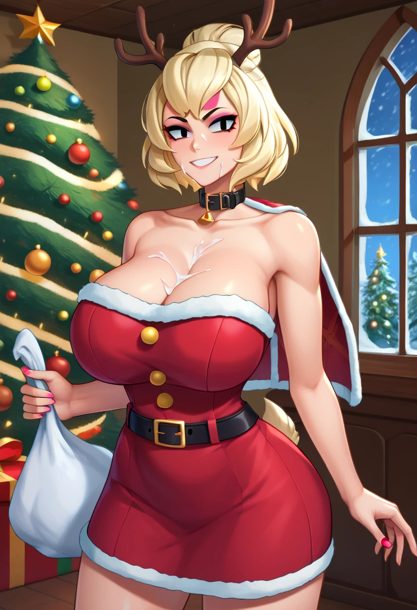 score_9, score_8_up, score_7_up, rating_safe, 1girl, solo, Pixel_Art, Fate/Zero, Saber, blue eyes, yellow hair, short hair, tied hair, side bangs, revealing clothes, big breasts, visible breasts, topless, hot sexy outfit, xmas outfit, Christmas hat, clavicle, backless, cross halter, necklace, loose sleeves, bracelet, bare shoulders, navel, split hip, hand on bed, looking at viewer, simple background, beach background with blue sky, heart background, blush, painful face, black penis in mouth, sucks black cock, mouth filled with cum, oral, half closed eyes, nude, ecchi, big ass, hentai, porn, arched, cumshot on tits, seen from the floor, seen from 'below, seen under her breasts, close-up of her breasts