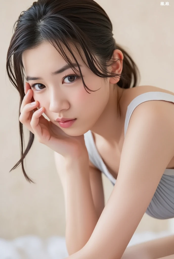 Realistic glowing skin, (発Sweat:1.8),sitting backwards,Look back at your face,Always look at the camera,(発Sweat:1.8),(Beautiful nipples in real life:1.6),,(whole body:1.9),(発Sweatしたリアルな白い肌:1.9),White socks, (black running shoes:1.8),
,Cold look,Cold Stare,Black Hair,short hair,Tie your hair short,Silky translucent white skin,,(Very detailed美しい顔), Great face and eyes, (Highest quality:1.4), (Very detailedな), (Very detailed CG 統合 8k 壁紙), Very detailed, High resolution raw color photos, Professional photography, Realistic portrait,Sweat,,(A Cup:1.9),(Flat Chest:1.9),(Very small breasts:1.9),(Breast augmentation:0.1),(Small breasts beginning to swell:1.9),(Breasts during puberty:1.9),
, (少女のwhole bodyの詳細なRAW写真), Canon EOS R5 250mm, Sharp focus, Cinema Lighting,  (No makeup:1.2), Fine skin, Delicate collarbone,,(Ultra-high resolution:1.6), (Realistic:1.6),,(Japanese junior high school girls:1.9),(whole body:1.8),(Sweatが滴る肌:1.9),(The lower half of the body is black athletic wear:1.9),(Sweatで滲んだ肌:1.9),(Age is :1.9),(Raise one hand above your head:2),(The upper body is white athletics wear:1.9),Height is 155cm,Non-erect, thin nipples,very small nipples,Natural nipples,Real girl nipples,Not disgusting nipples、 (Armpit hair just starting to grow:1.9),(sit cross-legged:1.9),Sitting cross-legged,Sit, (Sitting cross-legged:1.9),