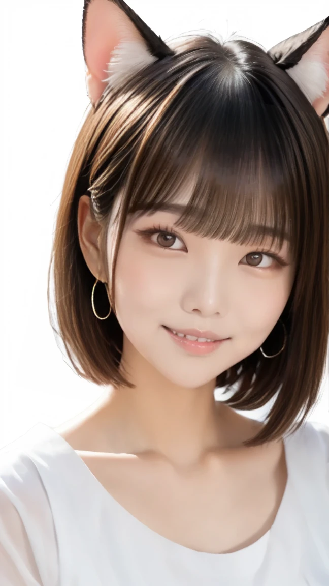 highest quality, realistic, 8K, High resolution, 1 girl, woman,, (portrait:0.6), nice, ((white background, naked, small breasts:1.65)), (short black hair, parted bangs:1.4), looking at the viewer, (1 girl eyes looking at the viewer:1.6), realistic, (Bokeh), (closed mouth, smile:1.3), nice, Pueros face_V1:1,