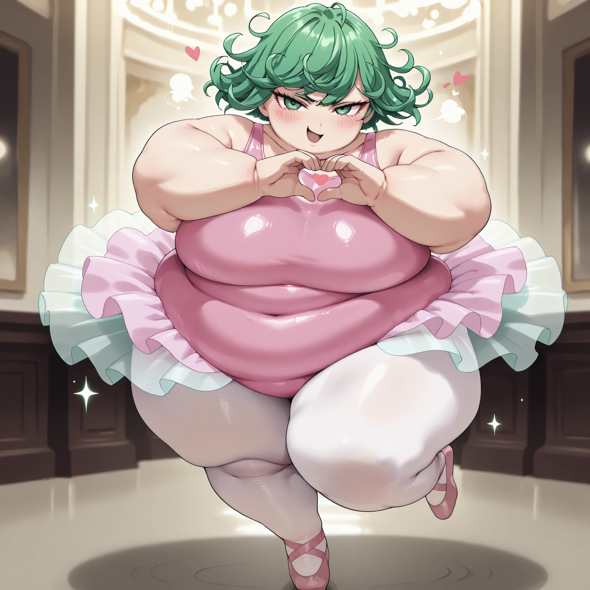 masterpiece, best quality, 1girl, solo Tatsumaki, green hair, short hair, green eyes, , pink leotard, tutu, looking at viewer, white pantyhose, standing on one leg, en pointe, ballerina shoes, (large breasts:0.6), ballroom, blush, smug, fat, chubby, obese, gigantic arms and legs, large breasts open mouth, out of breath, dynamic pose, dynamic angle, , sparkle, heart, heart hands,