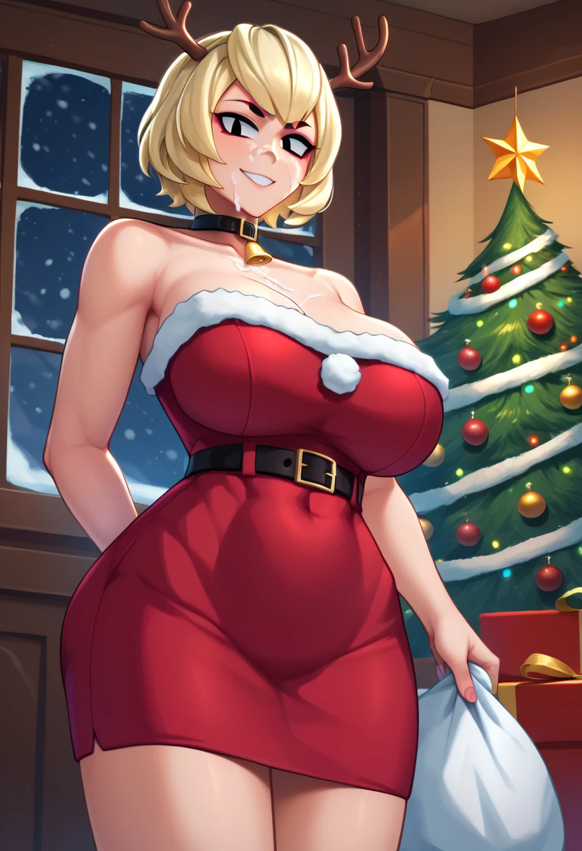sexy woman, mature milf, huge breasts, large breasts, curvy, voluptuous, blonde hair, blue eyes, long hairstyle, santa microbikini, santa hat, christmas gloves, grinning, standing, full body, solo focus, city street, outdoor, night time