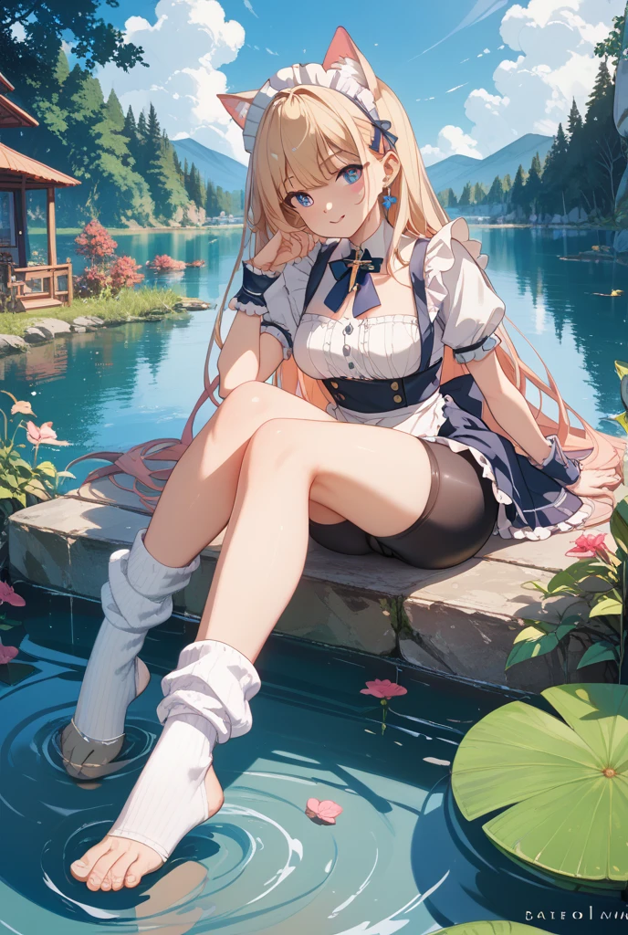Clouds, ln the forest,mountain ranges,koyama, Small lake,Masterpiece, Best quality, Highly detailed,Masterpiece,Best quality,offcial art,Extremely detailed Cg Unity 8K wallpaper,{{{Giantess}}},Giant,1girll,Miniature village,Destroyed villages,without wearing shoes,smiling expression,Sitting in the forest ,Soak your feet in the lake,The lake water emits steam,