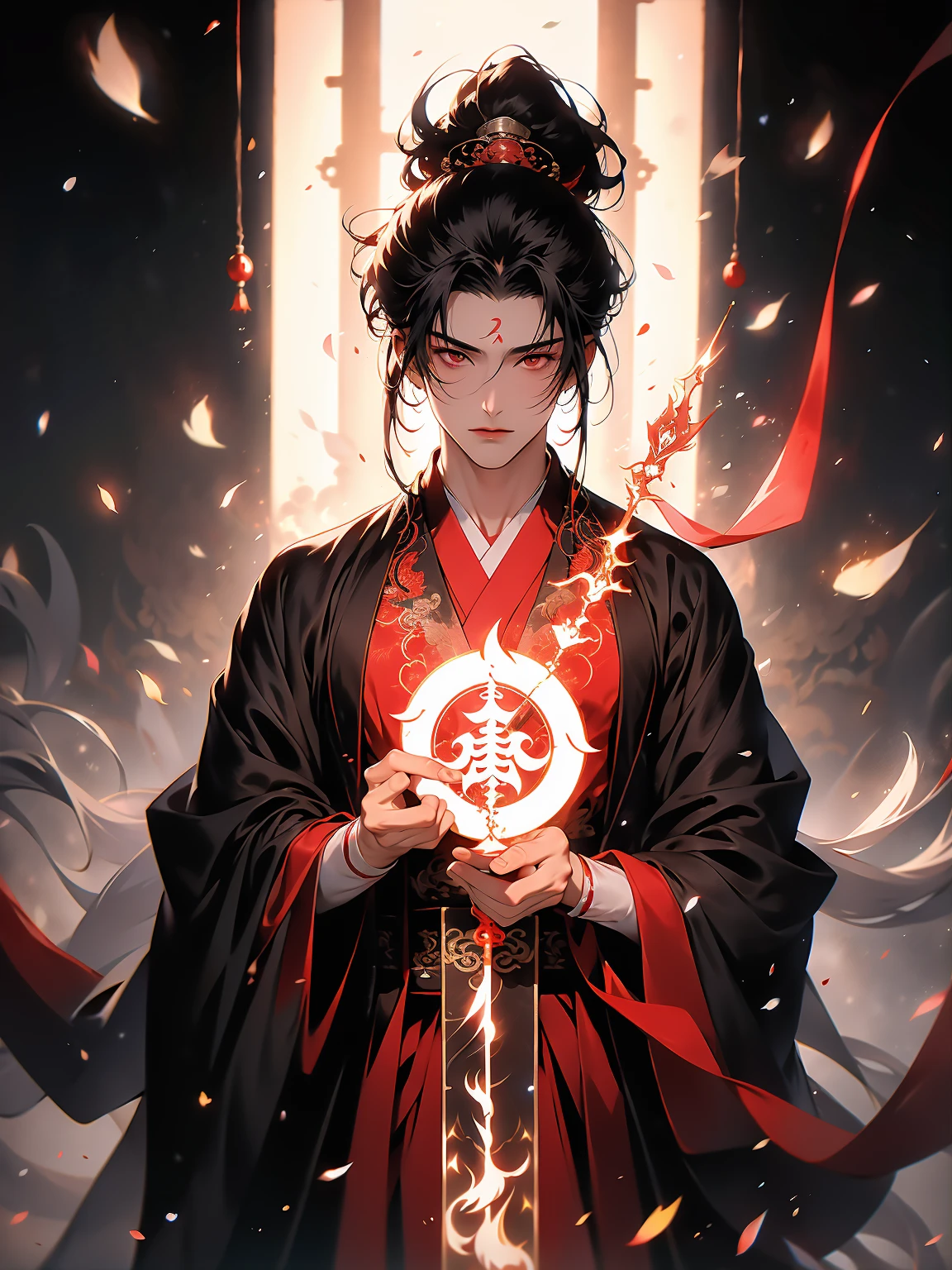 ((best quality)), (((masterpiece))), (highres), original, extremely detailed 8K wallpaper, [an extremely delicate and beautiful girl who with dark red long hair,dress,scarf,feather and is (heroic battle:1.3)],(beautiful detailed red eyes),world masterpiece theater,beautiful detailed garden, fluttered detailed petal, grow, melting, abstract, [a girl who has short hair with long locks,small breast ,messy hair, red eyes,long sleeves ,Taoist robe,oversized clothes is melting and splashing],splash,hyper detailed,backlighting,sand, water,black background, dust clodust,water splash, (((Ink painting style))),(((Chinese Brush Painting))),, Blacker than black, darker than darkness, I wished for my crimson mixture, The hour of awakening has come, Falling into the border of infallibility, Appear as a distortion of worklessness, dance dance dance, What I want from the torrent of my power is collapse, Unparalleled collapse, All things equally reduced to ashes, come from the abyss, This is mankind's most powerful means of attack., This is the ultimate attack magic, Explosion!