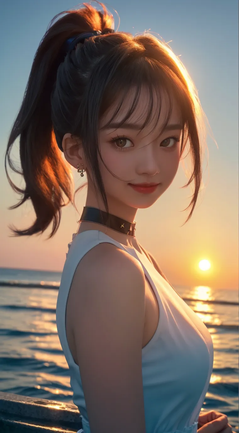 style of santiago caruso,1 Girl,Solitary,Blue Background,Large Breasts,High Ponytail,Incredibly long hair,Looking at the audience,(Soft and straight short hair with long Bangs:1.5),Simple style,Wide Angle,Dynamic Angle,Slanted screen composition,(Bangs_fixed_Back:1.5),(head_tilt:1.7),透过head发可以看到腮红,(Curved body:1.8),Lively gesture,