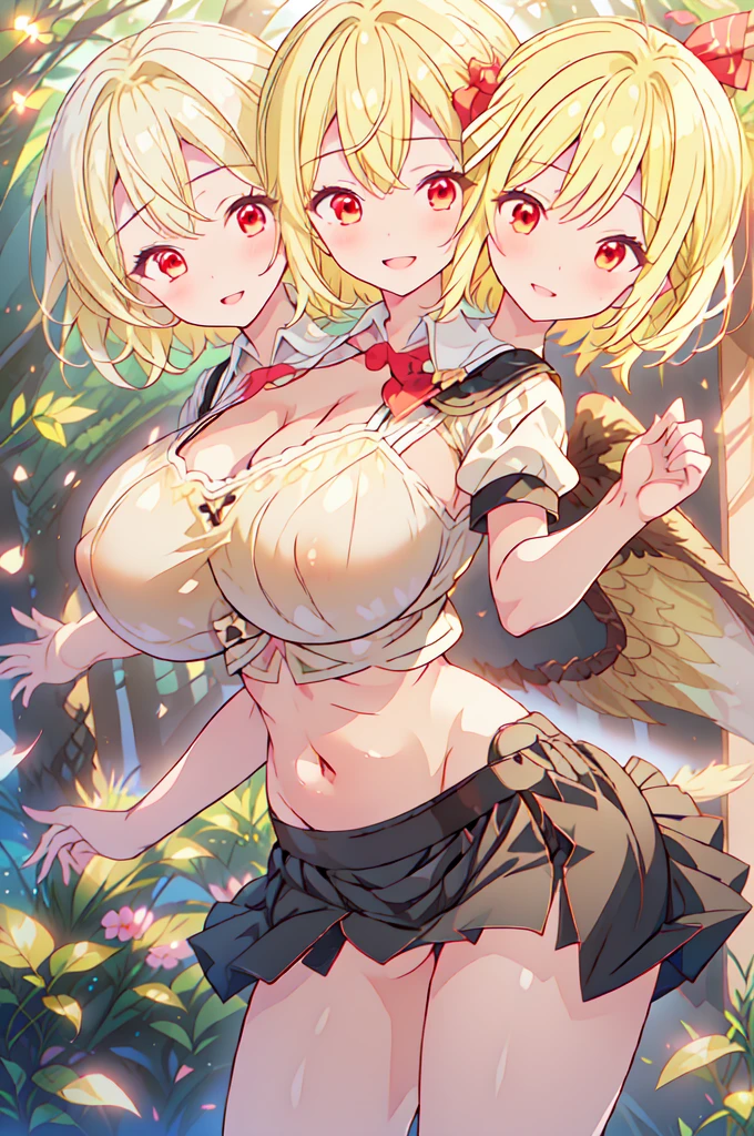 (masterpiece, best quality),best quality, best resolution, (ultra-detailed), (3heads:1.5), 1girl, (Kutaka Niwatari:1.3), masterpiece, best quality, ultra qaulity, ultra resolution, ultra detail, orange puritan and white top, crop top, ((stomach)), midriff, ((groin)), orange-brown skirt, miniskirt, normal ears, shackles, light yellow hair, very long hair, wavy hair, sidelocks, red eyes, parted lips, single horn, sweat, cute, toned belly, hand on own chest, eyelashes, (24 year old woman:1.3), (masterpiece:1.5), (best quality:1.5), (beautiful detailed), extremely detailed CG, extremely delicate and beautiful, depth of field, (finely detailed face), (perfect details:1.2), (mature female:1.3), wide pelvis, slender, large veiny breast, 16k resolution, highres, high quality, high definition, extremely detailed, masterpiece, light yellow hair, long hair, alluring presence, twin braid, short skirt, close up, big tits, young, fluffy yellow wings, bushy, feathery tail, red nest-like extension,