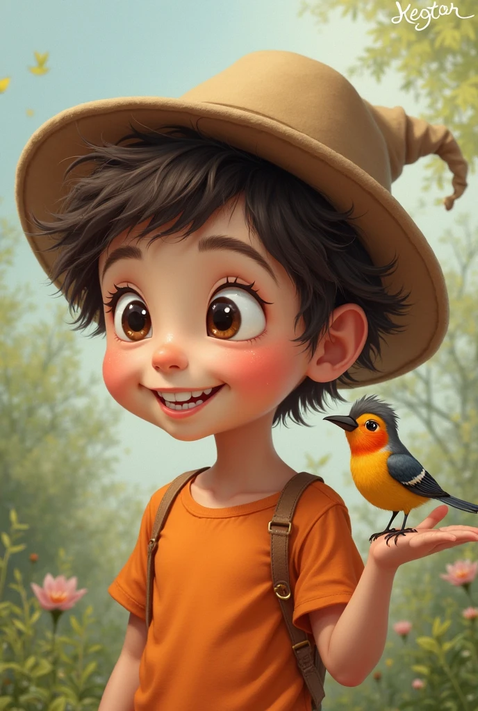 Personagem de desenho infantil 3D em um campo aberto , Looking at your little bird friend in the sky , menino negro, (afetos faciais detalhados)(((baby))), arte do filme, tiro limpo, ghailan!, como um personagem pixar, jovem bonito, afro, grace and blessing, (((sorriso bonito))), renderizado em irreal, imagem promocional do filme, imagem renderizada --auto --s2