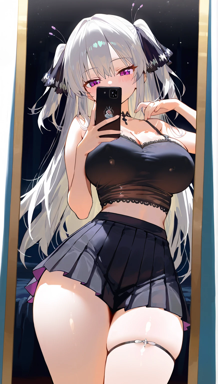 (((Angle from directly below))), Beautiful details, 16k, Absurd, masterpiece, Super detailed, beautiful girl, ((Detailed shiny detailed feminine shiny padded green panties backside)), One girl crouching, (((Panty Force))), From behind, Ash grey hair with blue mesh tips、Panty shot、Accentuate your butt、dress.naked.(huge breasts:1.8).(showoff breasts:1.5).