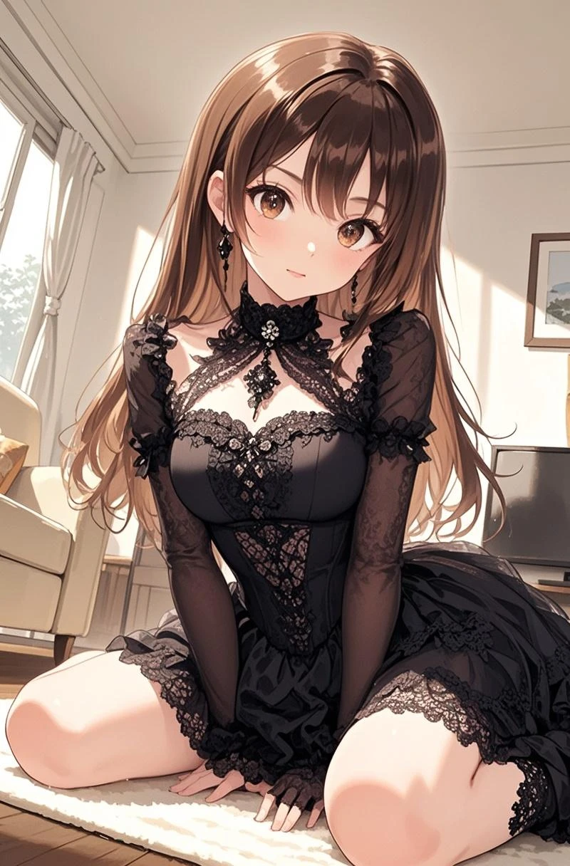1girl, beautiful woman, medium wavy brown hair, freckles, dark eyelashes, perfect eyes, perfect face, long skirt, intricate, intricate details, anime, sitting down, legs crossed