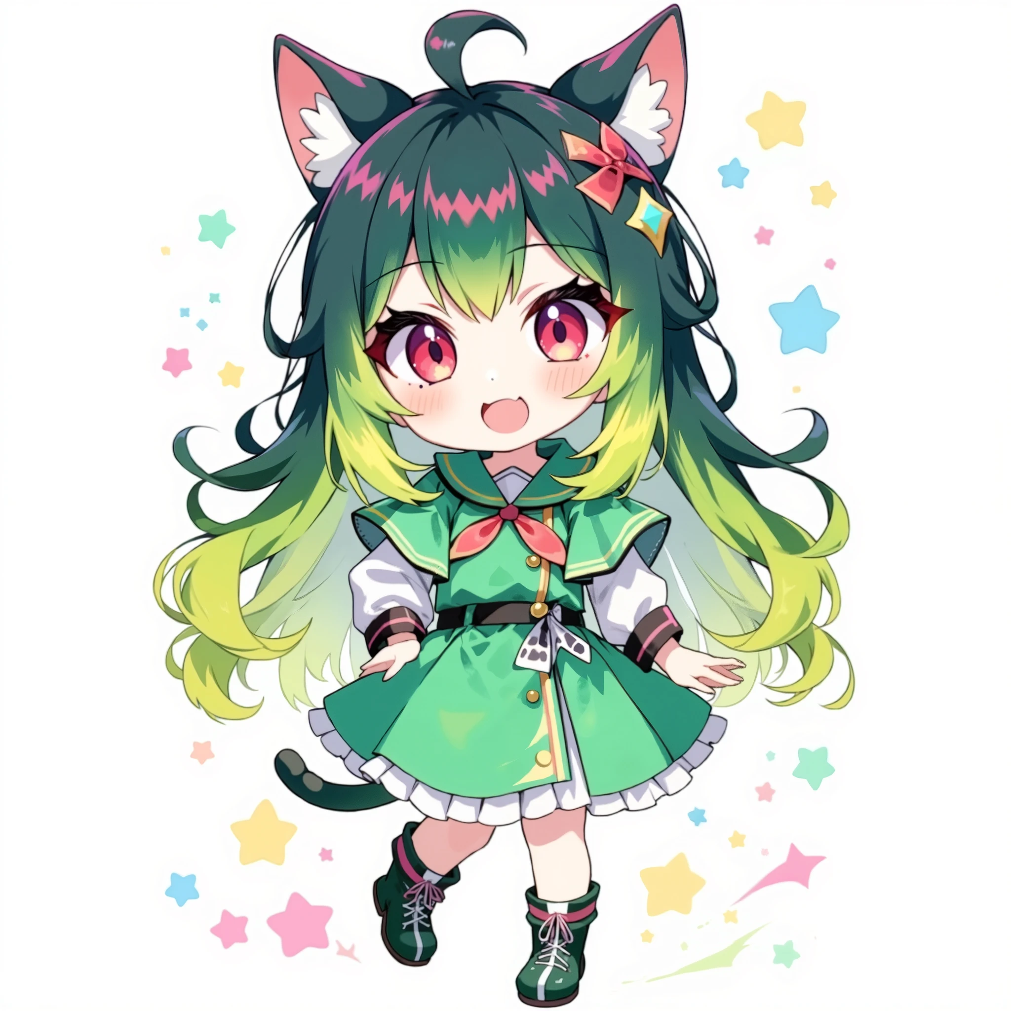 red eyes、anime wearing a green dress with cat ears and tail, tatsumaki, shiRabii, tatsumaki with green curly hair, Official Character Art, holding a Modest Pose, Maple Story Character Art, OFFICIAL ART, Modest Pose, Wearing a green cloak, Mana in the Air, Villain Anime Girl, Fairy Character, (chibi:1.4),chibi character,chibi style, toe, (cwhite background:1.4),full body,masterpiece, high quality, 4K, HDR,, A girl with frills, Anime Style、simple background、Smile Yan、Hair gradation from dark green to light green、boots、A character with long hair featuring a gradient from dark green at the roots to light green (lime green) at the tips, smooth ombré effect, realistic lighting, natural texture, soft shine, detailed hair strands, fantasy anime style (or realistic style),元気なSmile Yan、long hair、open your mouth wide
