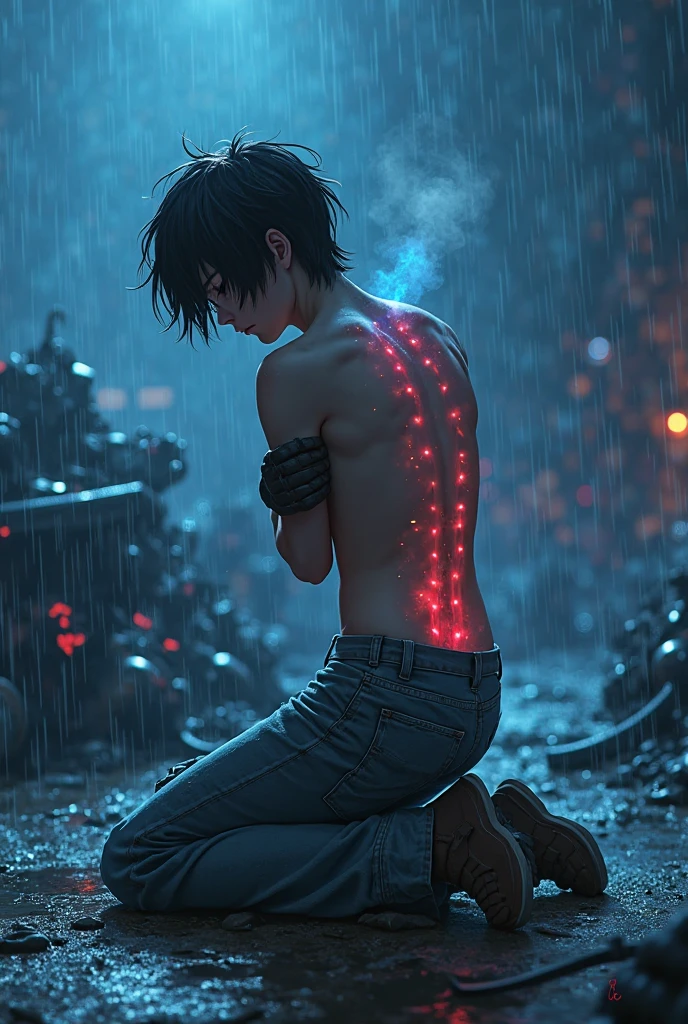((extremely detailed action Photorealistic cyberpunk photo)) (focus on male beauty) of 19-year-old twink Asher Angel as a shirtless cyberpunk cyborg barbarian. Beautiful intricately detailed face and body.  legs. (( feet.)) Short cyberpunk loincloth. Short undercut hair. ((Extremely skinny frail body)). Small soft muscles. Hyperdetailed. HDR. DSLR. ((sharp focus)). Cyberpunk deep water port at night war zone background with fires. Pierced .