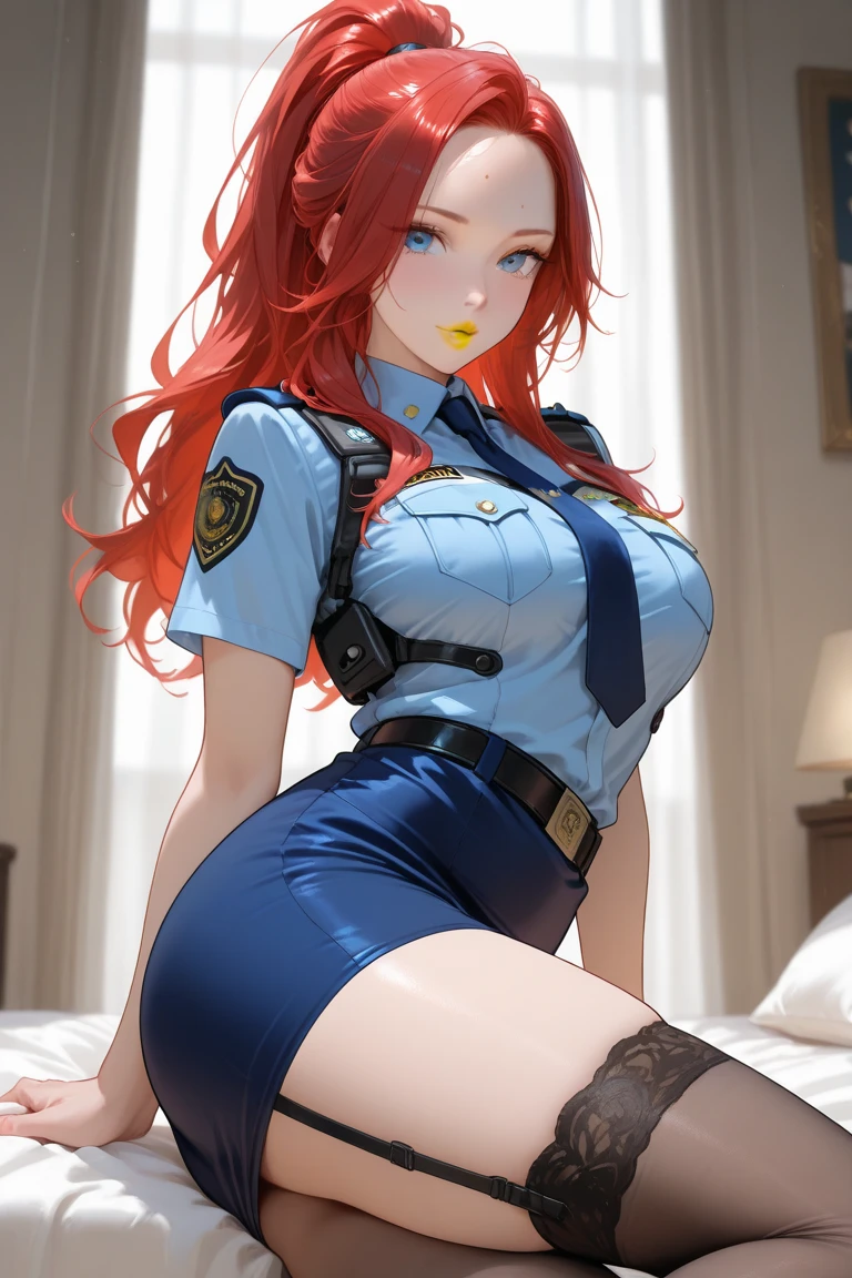 NSFW,One girl, Portrait of a beautiful donkey pex, Athletic ability, Blue jacket, White corset, skirt, White trousers, Police Medal,Holster on waist,Redhead, Braid, compensate, choker, Cleavage, Wide Hips, Volumetric lighting, Highest quality, masterpiece, Intricate details, Tone Mapping, Sharp focus, Super detailed, Trending on Art Station,Urban area, Realistic anime,cartoon,Take off your pants,pussy juice,????????,blush,White Breath,Embarrassed,Lying in bed,????? in pussy,1boy,???,rideing