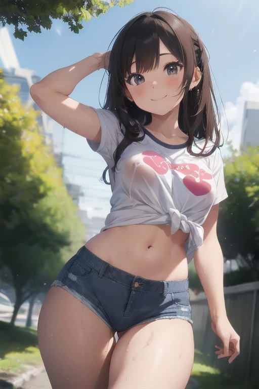 (8K、Highest quality、Highest quality、masterpiece)、Detailed face、One Girl、(Brown Skin:1.2)、Long Hair、Red Eyes、Serious、(Red Tank Top、Denim hot shorts、Open Shorts、Unziped shorts、Mini jeans Shorts、No Panties、NoPanties、Spread pussy、heart cutout)、labia view、Beach、cloud、vagina、Pussy Lip、Wedgie between Pussy Lips、Big Breasts