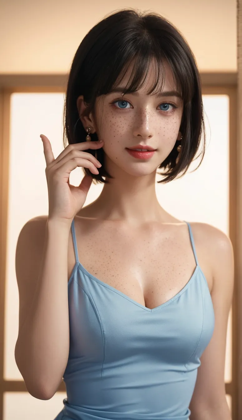 (high quality, 8k, 4K, High Contrast, masterpiece:1.2, 最high quality, Best aesthetics),low angle shot, ((female)),((Sucking a dick:1.5)), ((Background in a dark room:1.3)),((Flat Color)),High Contrast, Contrasting colors, , Pale pink and blue lighting,Small nipples,Black Hair, Red eyes, Looking at the audience, (Cool look), Sleepy eyes, ((Short Hair)) , (Tied Hair), Small star-shaped earrings in both ears, bright eyeshadow, Mature face,necklace,small tits,On the bed