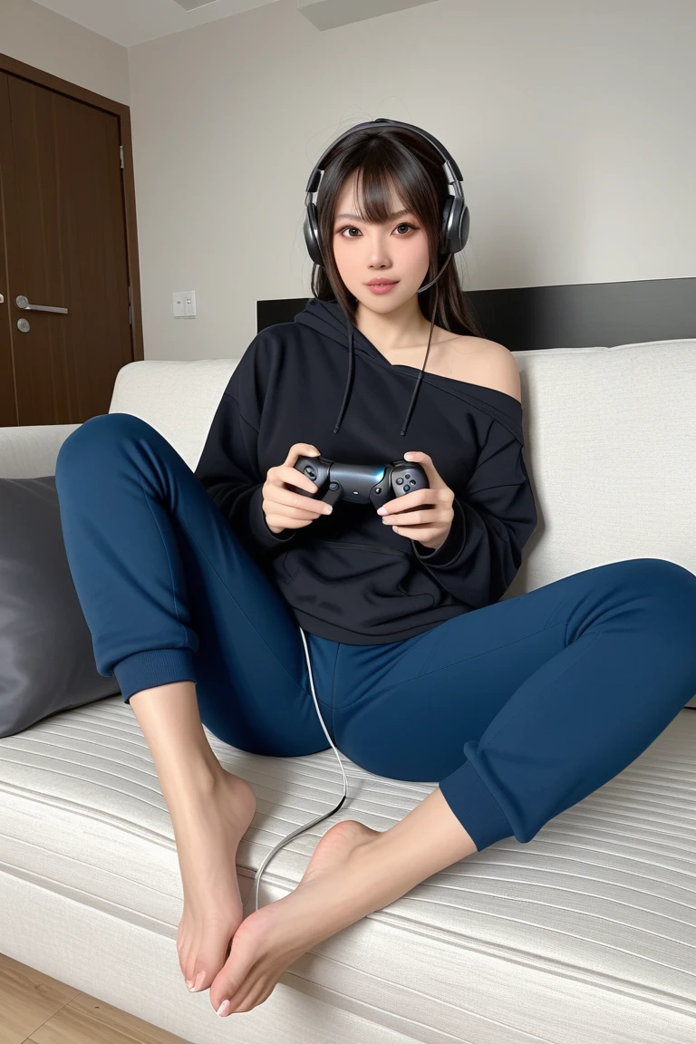 Mujer arafed sentada en el suelo jugando un videojuego., chica con sudadera con capucha, mia califa, en una sudadera con capucha, sudadera gris con capucha, better known as amoranto, grueso, contraction transmitter, sudadera gris con capucha, pose casual, nodded, Retrato de Sophie Mudd, anna nikonova aka new milkmaid, and - girl, e-chica, amoranto, piel palida lechosa, ojos hermosos azules asiaticos rasgados, cabello rubio claro largo, rostro como jennie de blackpink kpop, kim jennie idol, linda, hermosa, seductora