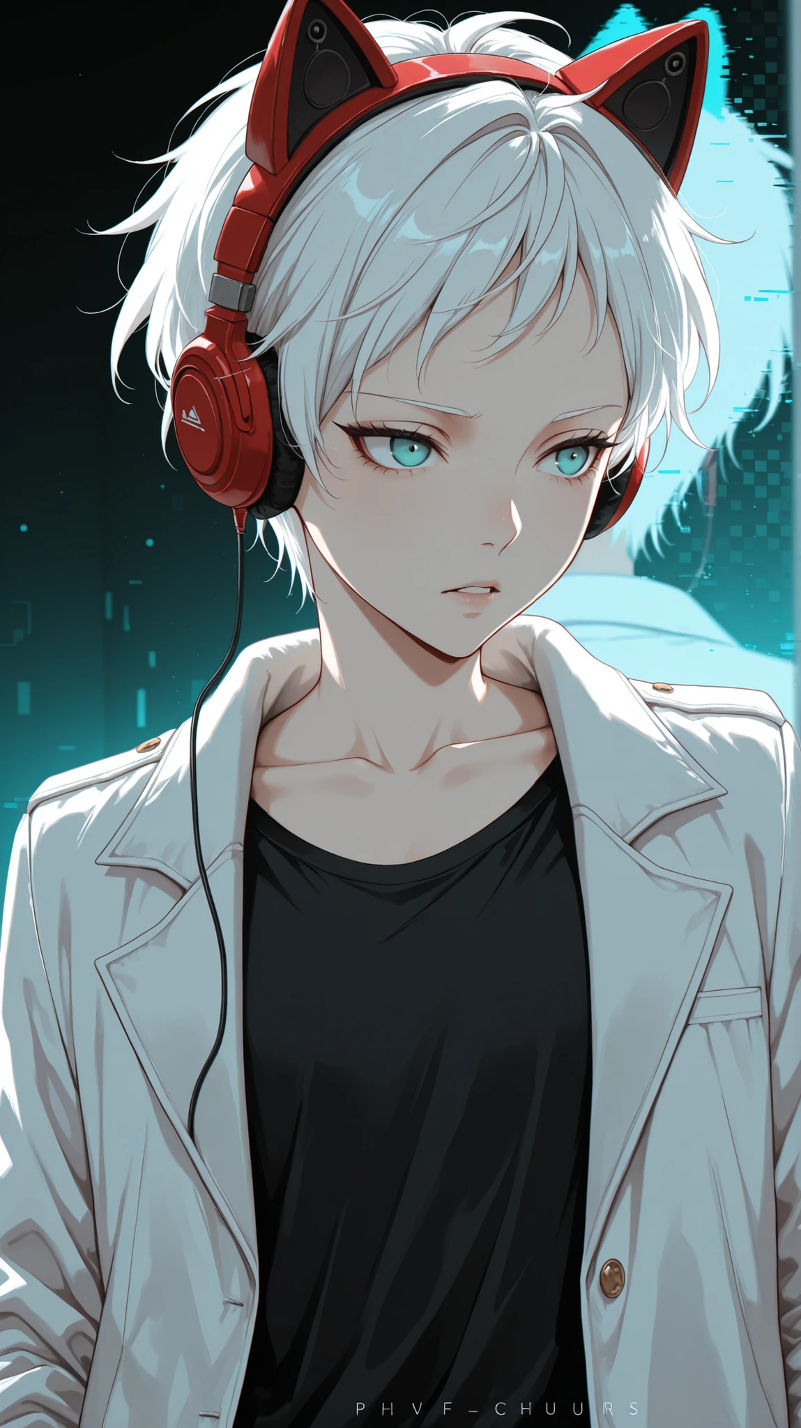 masterpiece, best quality, amazing quality, BREAK (by Hakika:0.55), (by Criis-Chan:0.7),(by dino \(dinoartforame\):0.4), phiv, 1girl, white hair, short hair, aqua eyes, flat chest,red headphones, fake animal ears, glitch, pixels, upper body, white jacket, black shirt, looking at side, sci-fi background, parted lips, dutch angle
