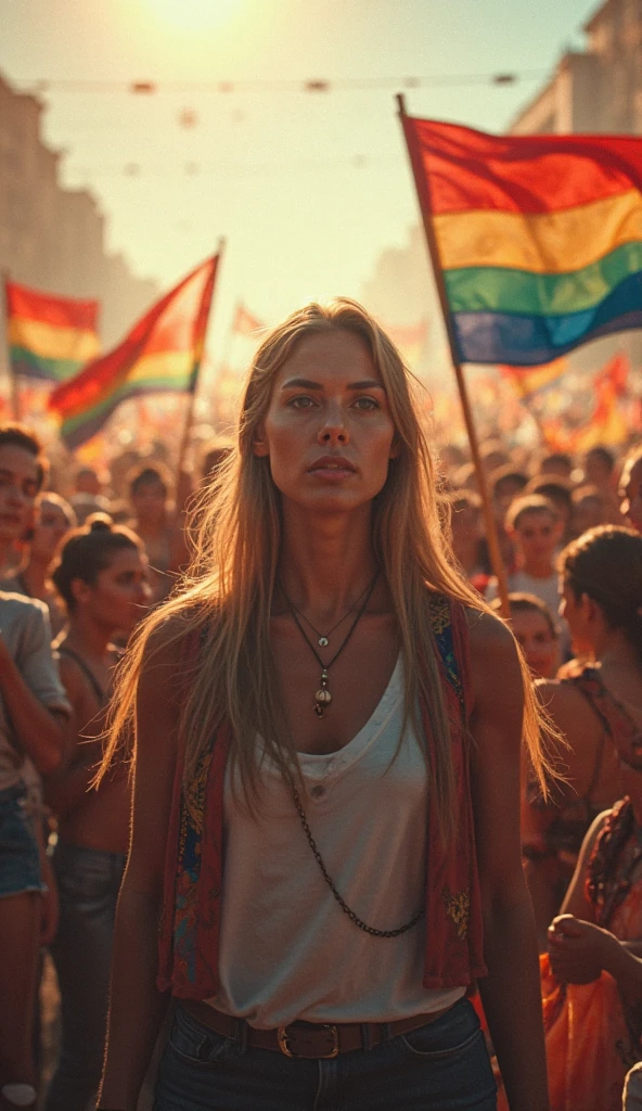A beautiful woman with torn clothes in the midst of a civil demonstration in a scenario with the city with graffiti on the walls and burning tires.