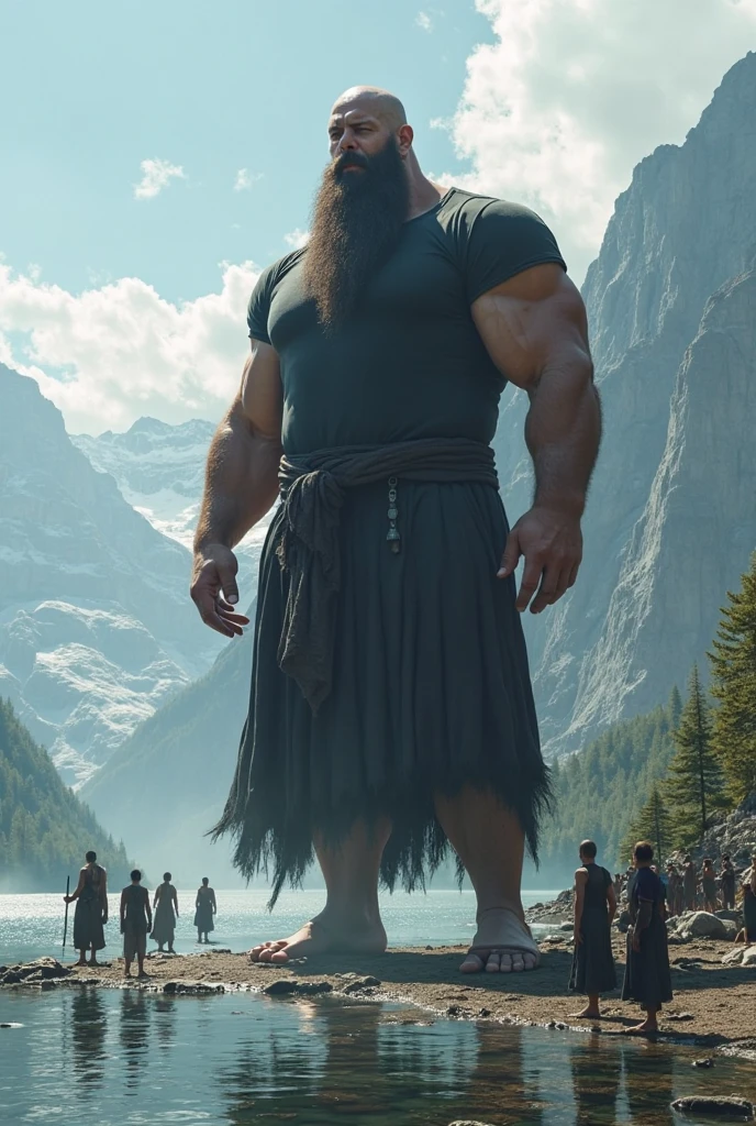 wallpaper of an old stoic Greek, tall strong with muscles, on the side of the mountain, book in hand with people around, teaching people, half body image, 4k, 1280×720 pixels