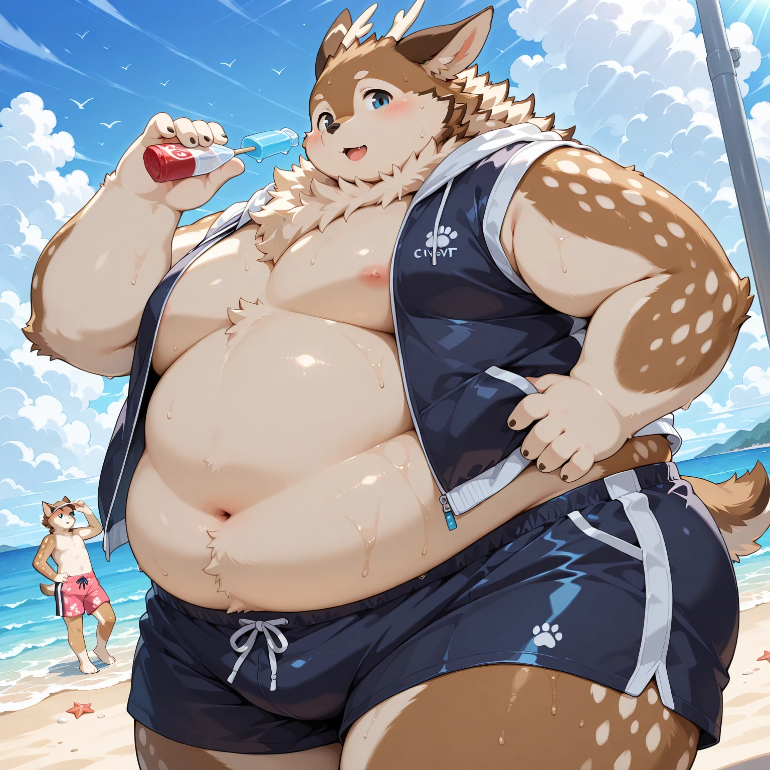 masterpiece, high quality, absurd res, digital painting \(artwork\),smooth skin,(bright:0.7),bright eyes,character focus,detailed background,anthro, female, outside, solo, thick thighs, (chubby),by BerseePon,bikini,beach,lying,open legs