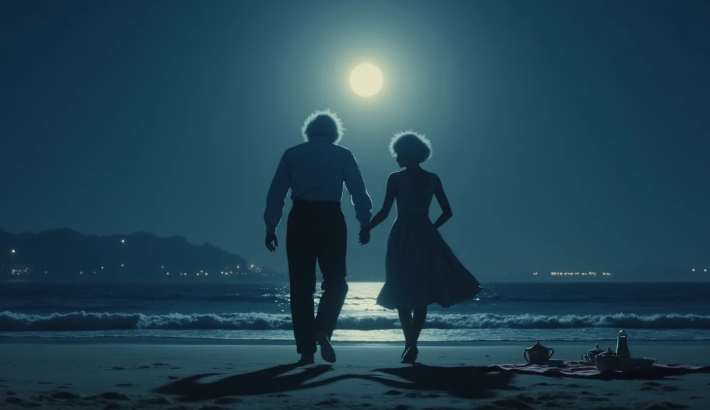 A couple, a man with tan skin and short blond hair and a white woman with blond hair tied up, blue eyes and big breasts, holding hands, going for a walk at the beach during the day.