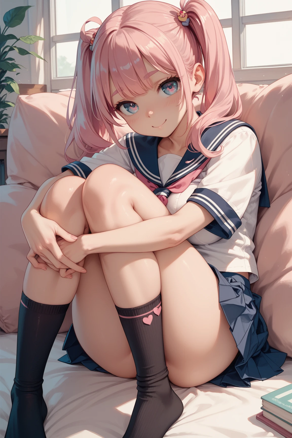 hitorigotou, short sleeves school uniform, sitting on desk, crossing legs, low camera angle, bare legged, bare feet, upskirt view (perfect anatomy, perfect hands)