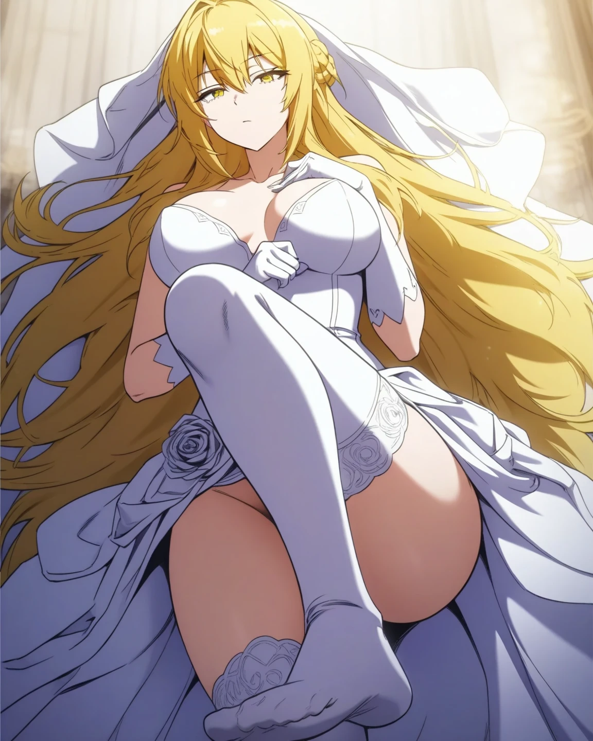 The woman is pushed down on a large bed and naked men put their dicks into her pussy and ejaculate a lot, rape her, groping her all over, gang-raping her, and a lot of semen overflows from her pussy.、((Highest quality)), ((masterpiece)), (detailed), （Perfect Face）、The woman was a tiare with green eyes and medium-long blonde hair, and was wearing a luxurious, shiny, gold-colored, long-slit see-through dress with gorgeous embroidery and trim, which allowed her skin to show through, a gold-colored see-through cape, and a gold-colored see-through veil. She was wearing a gorgeous jeweled hair accessory, a jeweled head dress chain, a jeweled waist chain, a gorgeous necklace, bracelets, ankle bracelets, jeweled earrings, and shiny gold boots. She was also wearing an engagement ring.