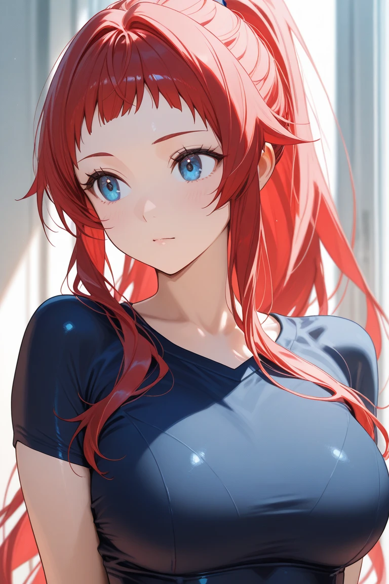 perfects eyes, face perfect, ultra detaild, blue colored eyes, determined, looking to the down, thick eyelashes, eyeliner, Red hair, Blunt bangs