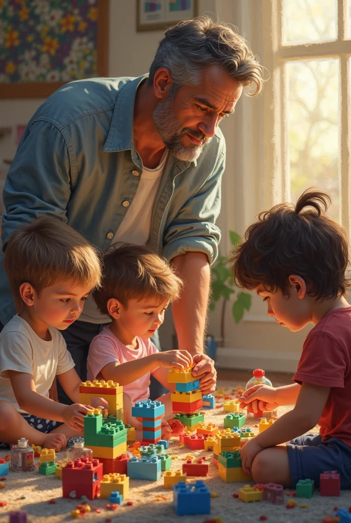 Father and child playing with blocks in a room, father and child Family play happy family, happy people in the house, smooth background, everyone having fun, interior pictures, gettyimages, playful smile, bright happy atmosphere, surrealism, at home --auto --s2