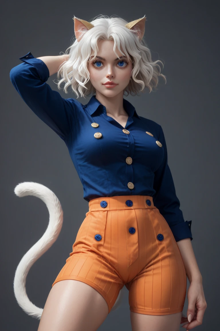(masterpiece, best quality), 1girl, <lora:LoRA_Neferpitou:1> NeferpitouDef, orange eyes, white hair, short hair, wavy hair, bangs, curly hair, animal ears, hair between eyes, breasts, medium breasts, cat girl, cat tail, tail, cat ears, joints, doll joints, shirt, long sleeves, pantyhose, shorts, collared shirt, blue shirt, spoken question mark, brown shorts, orange shorts, shoes, socks, other focus, hunter x hunter, neferpitou, More doll joints*, (joints:1.4) or (doll joints:1.4)
