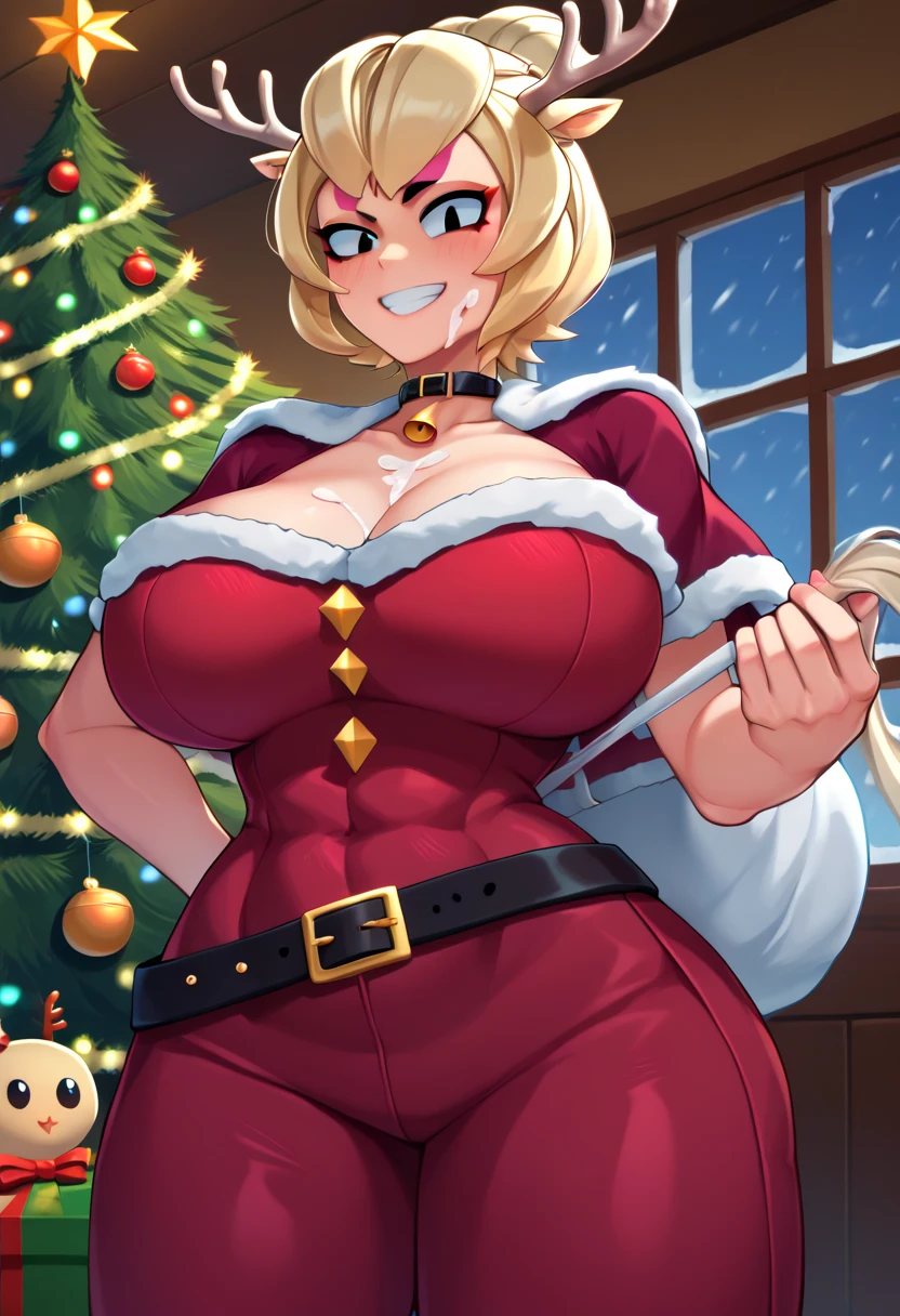 ((highres)), Masterpiece, high quality, best quality, beautiful, perfect lighting, detailed face, ultra cute face, elf ears, cowboy shot, ((1girl)), ((solo)), (blush), blonde hair, blue eyes, Santa hat, Santa dress, red skirt, belt, thigh highs, tight clothes, full body, living room, fire place, detailed background, medium breasts, perky breasts, cleavage, ((wide hips)), ((thick thighs)), ((chubby)), pudgy belly, fat folds, holding plate of cookies
