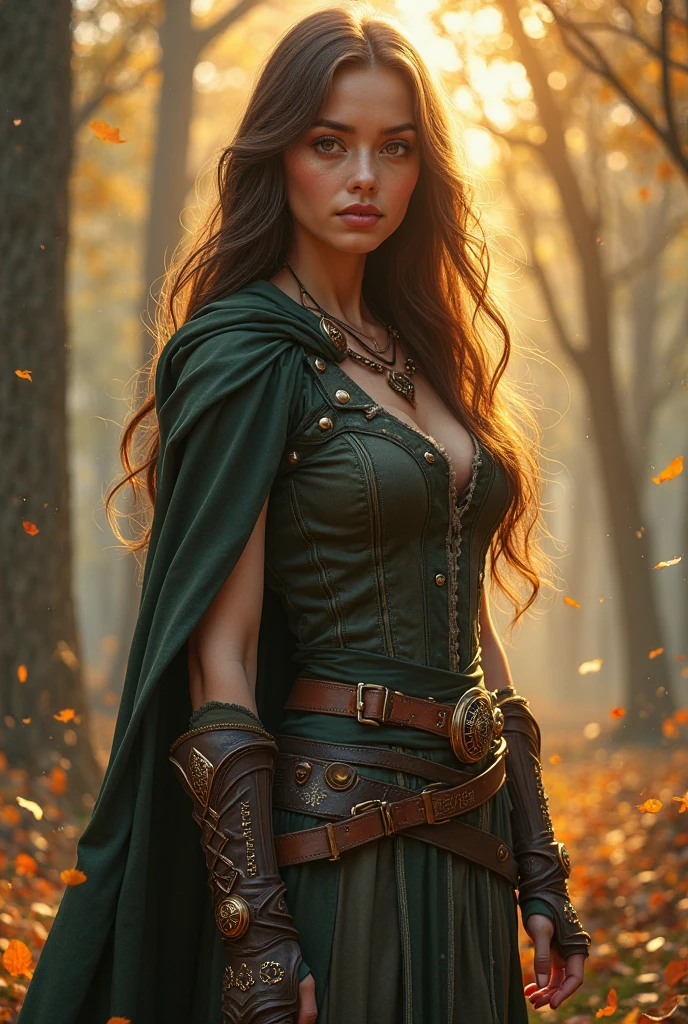 Deep Forest green and silver color theme, Sexy German Forest goddess, long lustrous chocolatey hair, (very wavy hair, very long hair, windblown hair), deep green eyes, sparking dangerous eyes, sharp jawline, thin but hard mouth, (((broad shoulders, (((((massive breasts))))), tight waist, thicc butt and thighs))), (Forest Green blouse, long flowing brown skirt trimmed with emerald and silver, tight silver belt, Forest Green high heels with silver adornments, brown lace stockings with green root patten designs, thin silver jewelry around her neck and wrists, tree branch inspired crown), silver metal gauntlets with Green root art on them, ((wielding a pair of metallic brown chakrams studded with emeralds )), powerful goddess, standing before her throne of living trees in a deep forest, powerful and sexy standing pose, goddess’s throne room in a remote forest, very intricate and detailed background scene, highly detailed, goddess, powerful, sexy, real, incredibly realistic and hyper detailed fantasy art of a mythical goddess, close-up
