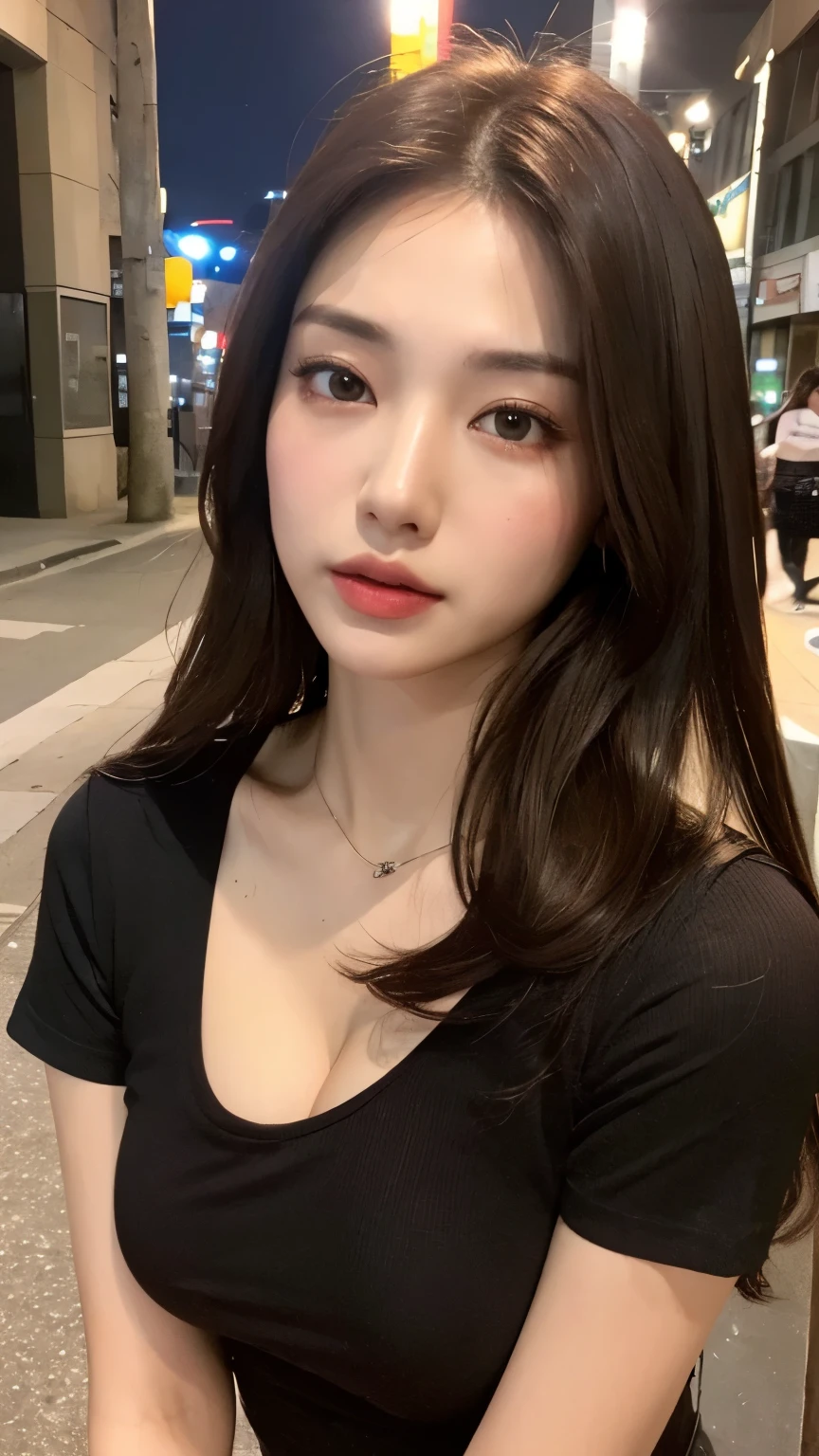 ultra-detailed, 16k, highres, original, wallpaper, masterpiece, realistic, photorealistic, raw photo, Camera noise, Low light, Soft light, blury_light, best quality, 1girl, slender, blury, glamor, cleavage, small breasts, choker, petite, collarbone, blush, black hair, long hair, straight hair, Tyndall effect, moody lighting, light smile, hand_on_hip, hair scrunchie, night, moon, stars, cafe, black overcoat,anatomically correct, yokozuwari, sitting,black pantyhose<lora:girl sun yan_20230625152508:1>