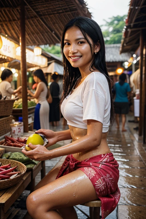 Iconic Thai dishes, a vibrant street food scene with Pad Thai taking center stage, a raining ((water)) bustling market atmosphere with skilled cute messy shirtless female vendor, (wearing sweaty thongs panty underwear white wet dripping pubic hair), handling wok tossing noodle , wearing wet white bandana and sport shoes, ((noodle on head)), showing wet dripping armpit water, drenched with sweat, messy hair wet hair, serious at work, colorful ingredients on display, noodle and sauces on head, capturing the essence of Thai street gastronomy, Photography, documentary-style shot with a prime lens (50mm), focusing on the dynamic energy of the street food stall,
