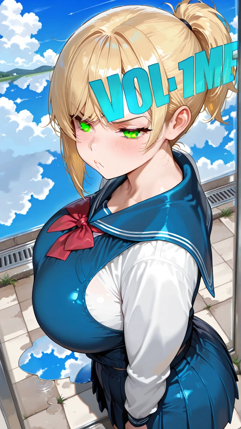 (small breasts:1.2), (perky chest:1.2), (pointed chest:1.2), (Pudding cake magazine cover:1.3),(from above:1.0),(shoot from the side:1.1),masterpiece, 1girl, Amazing Cleavage:1.1, thin waist, optimum,tmasterpiece,hight resolution,best qualtiy,hyper HD,super detailing,awardwinning,a 18yo cute girl,(The upper part of the body),anatomy correct,Beautiful Black miniskirt,garters,Gaze,Small face,bangss,holster,Beautuful Women,hands up,leg holster,Gaze,black boots,Cowboy Shot,cute face,a blond,Longhaire,Twin-tailed,Braids, Hairline,(scarlet eyes),long eyelasher,Hanging eye corners,White skin of the, ((see through camisole:1.1)), ((Sheer nipples:1.0)),Rocket Tits,(Slim body),smile,seductive weak smiling,(with sparkling eyes and a contagious smile),little open mouth, Looking at Viewer,
