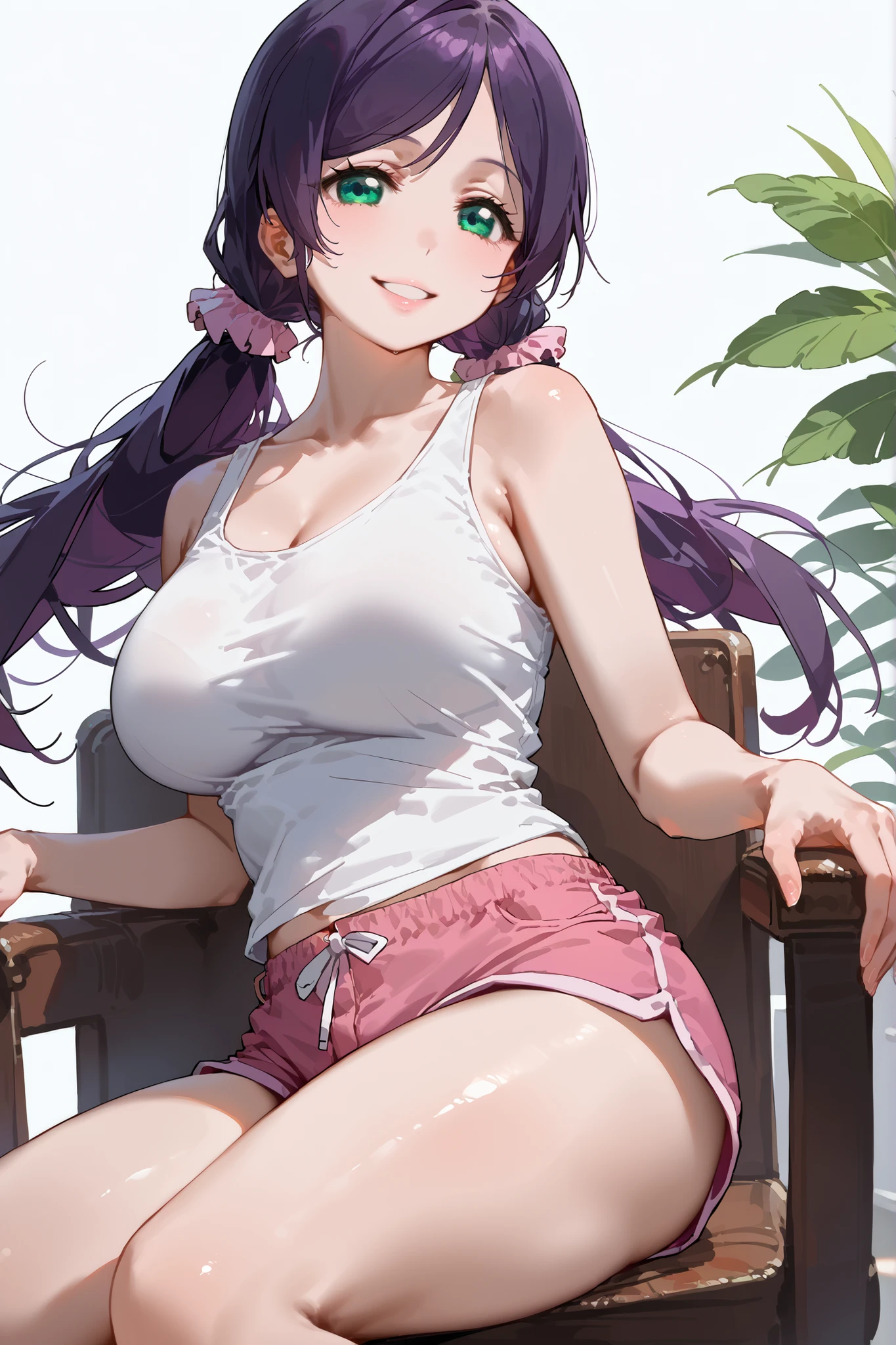 ((masterpiece, best quality, ultra-detailed)), 1girl, beautiful confident woman walking through a garden, smiling, pink tank top, midriff, bracelet, necklace, long black pencil skirt, white sneakers, black socks, wearing headphones and brim cap, full body, wavy purple hair