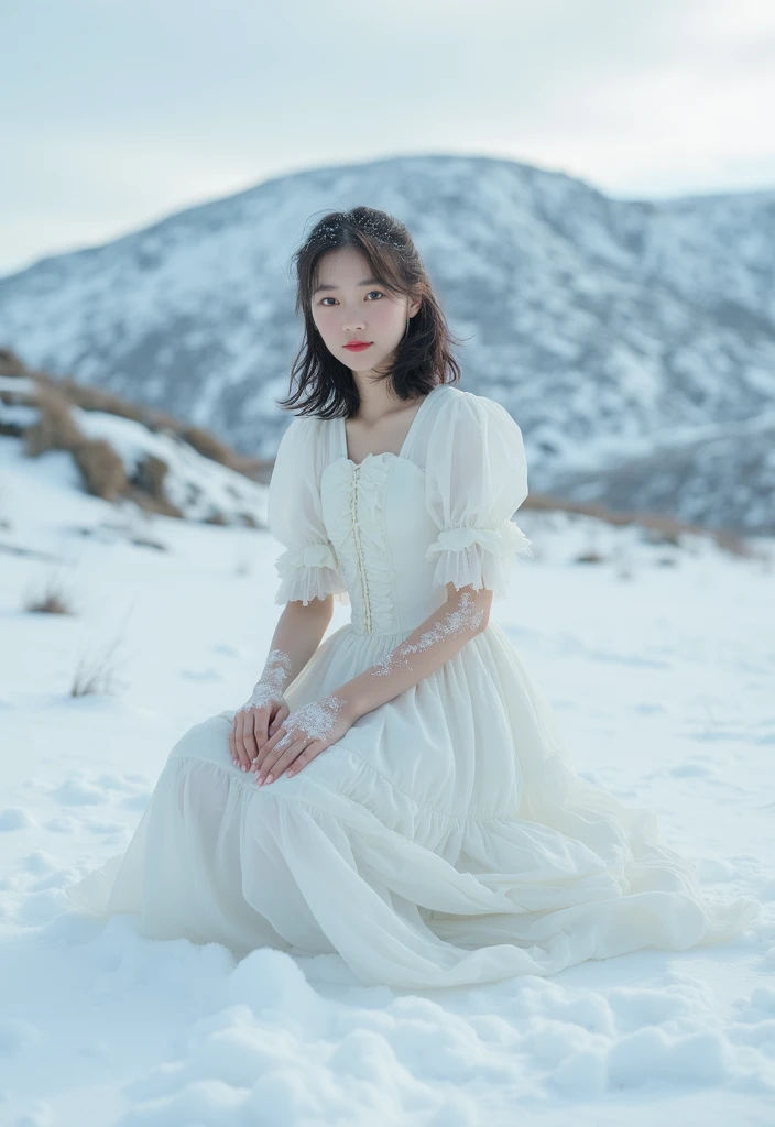 1 girl,(snow,ice), snow花, In winter, white hair, shiny hair, curls, transparent clothes, frills, lace, wet clothes, leaving_Shoulder, Hair ring,masterpiece, telephoto lenses, absurd, Exquisite facial features