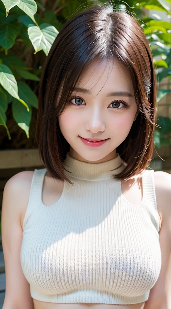 table top, highest quality, Photoreal, finely, High resolution, 8k wallpaper, perfect dynamic composition, finelyて美しい目, medium hair, big and full breasts, random sexy pose,chest to chest、(Very Small Size Mock Neck Crop Tank Top White Knitwear)、(Breast bulge 1.2)、laughter、open your mouth、resort scenery、23 years old、(droopy eyes 1.4)、adult beauty、Japanese