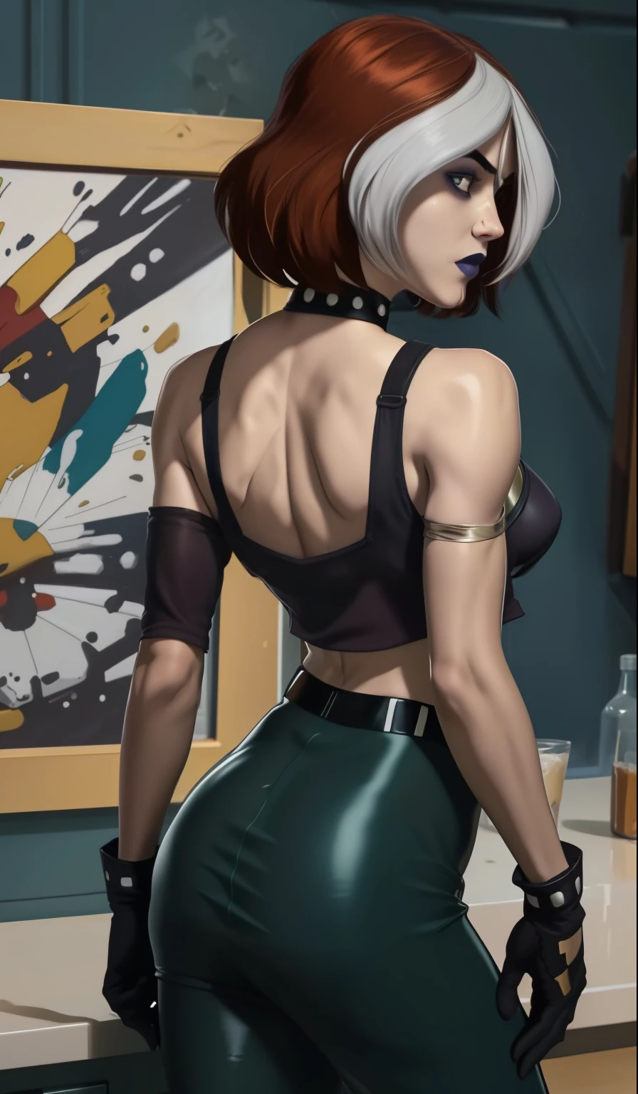 1girl in, 8, Rogue Waifu, photo of perfect woman, Rogue from X-Men, Solo, Aesthetic artwork, (cropped hair, short hair, short brown hair with white bangs), (clear skin, pale skin, medium breasts, DD-cup, runners body, very thin waist, skinny, petite, detailed skin texture), (X-Men), (she is looking away from camera, shot from behind, up skirt, focus on ass:1.2), (wearing an opaque transparent sweater over a small bikini, dark moody makeup:1), (mansions kitchen, detailed pantry background:1.3), (extremely detailed 8k wallpaper), soft lighting, high quality, film grain, Fujifilm XT3 sharp focus, f 5.6, 50mm, High Detail, Sharp focus,(natural light), crazy details, complex details, hyper detailed. (cowboy photo:1.2), light particles, sfw