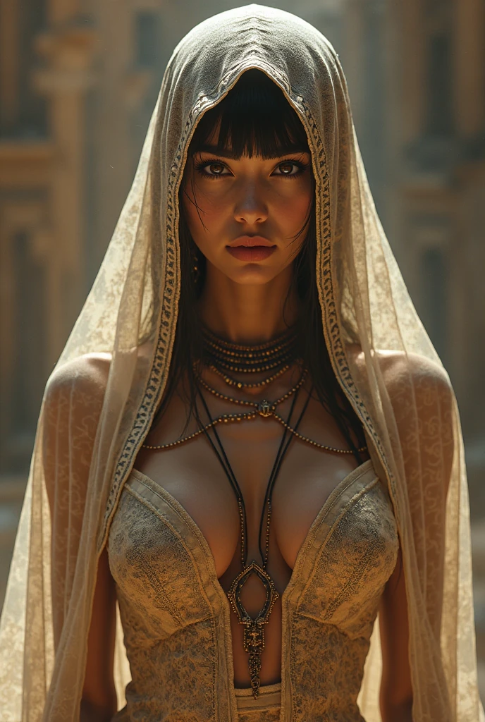 Katharine McPhee, wearing nude veil bride costume transparent. professionally retouched, soft lighting, realistic, smooth face, perfect eyes, sharp focus on eyes, 8 k, high definition, insanely detailed, intricate, elegant. against the background of the pyramids.