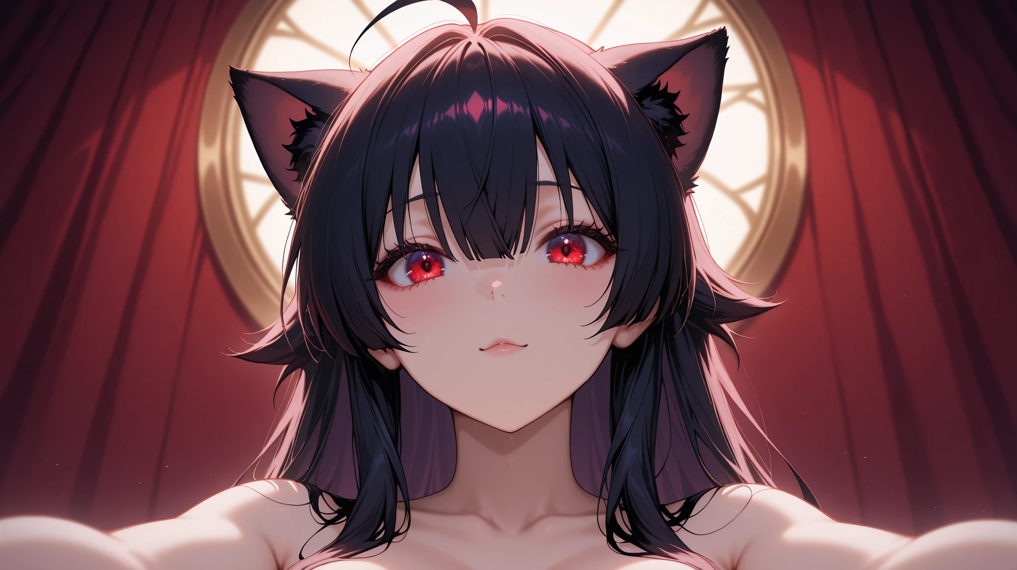 (junkotvvxl), ((( Best Quality ))), (( Ultra Detailed )), ( Illustration ), (( Extremely Delicate and Beautiful)), estilo anime, 1 girl, sola, alone, , ((1 cat girl)), ((cat ears)), (( black hair, Ahoge, straight bangs,, hair between eyes,)), Long hair, ((beautiful red eyes)) sharp red eye, Beautiful skin, extremely nice body, pretty face, Red eyes , con ropa elegante de coctel color se encuentra en el exterior de un balcón de noches y en el cielo oscuro se aprecian unos fuegos artificiales, ella te observa con felicidad y a tu honor levanta la copa con una mano haciendo un brindis y mueve un poco la cabeza en aprobación, (encuadre medium shoot)