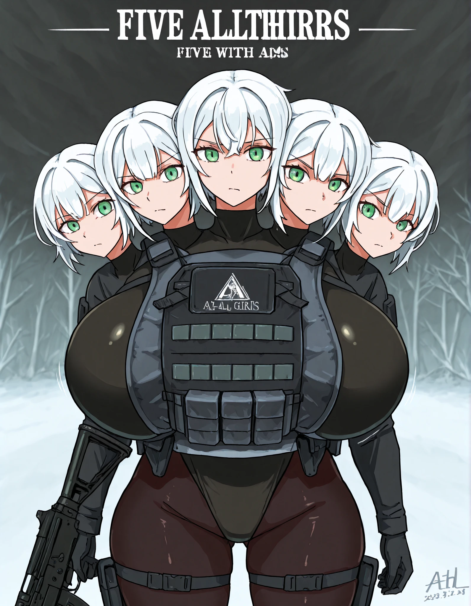 conjoined, 5girls, 5heads, five heads, a tall thin girls with 5heads, white hair, green eyes, short hair, Gigantic breasts, black leotard, black bodysuit, black pantyhose, bulletproof vest, loose black gaiters, black gloves, tactical gear, upper body, front shots, AK-74M,