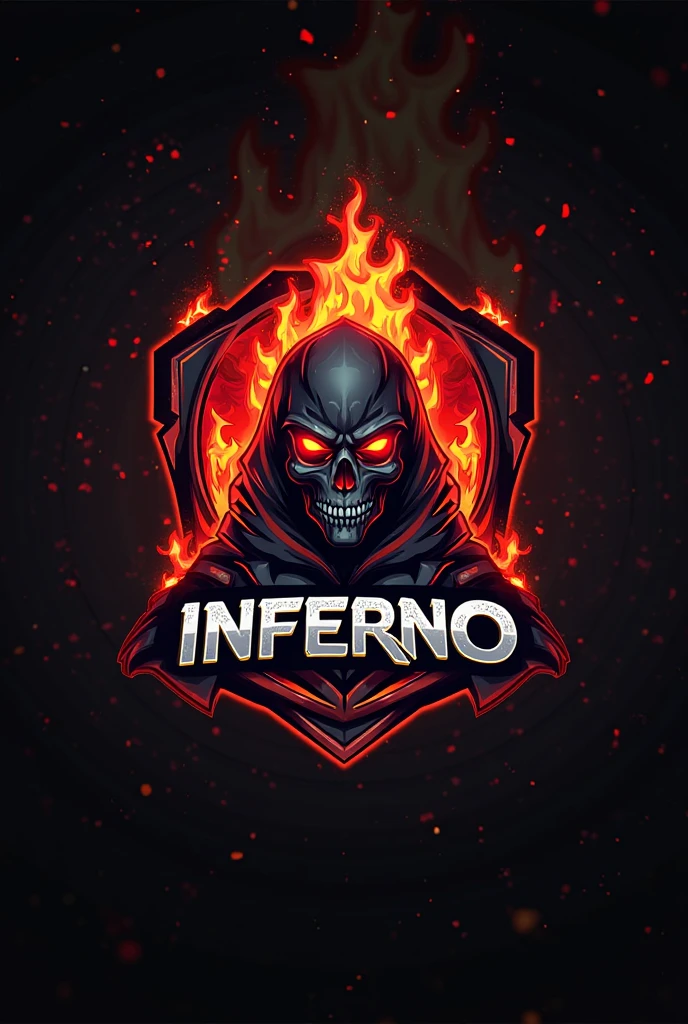 proffesional logo, minimalism, white, fiery , skull logo with red flames, (flame text says "INFERNO SCAN"), glowing eyes