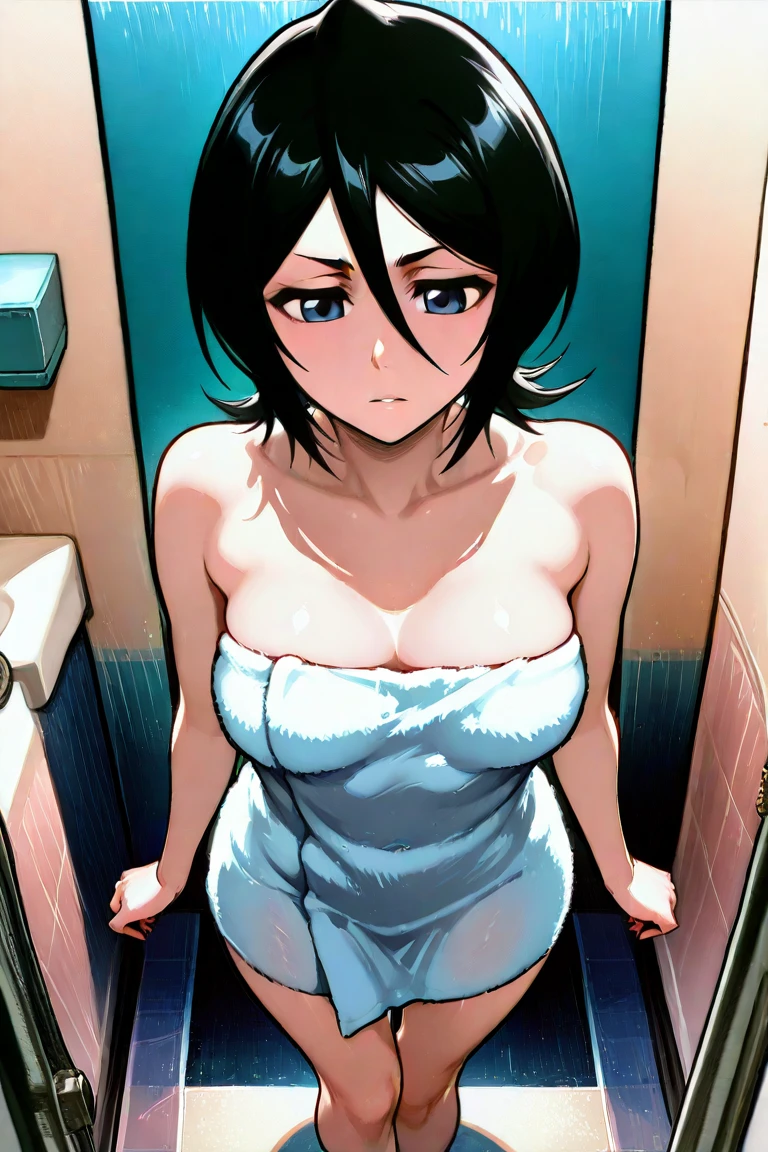 Misako,Purple hair, brown eyes, beauty, beautiful woman, perfect body, perfect breasts, using a towel, towels, white towels, towel on head ,in the bathroom, tub, shower, looking at the viewer, realism, a slight smile , masterpiece, skin textured, super detailed, high detailed, high quality, best quality, 1080p, 16k