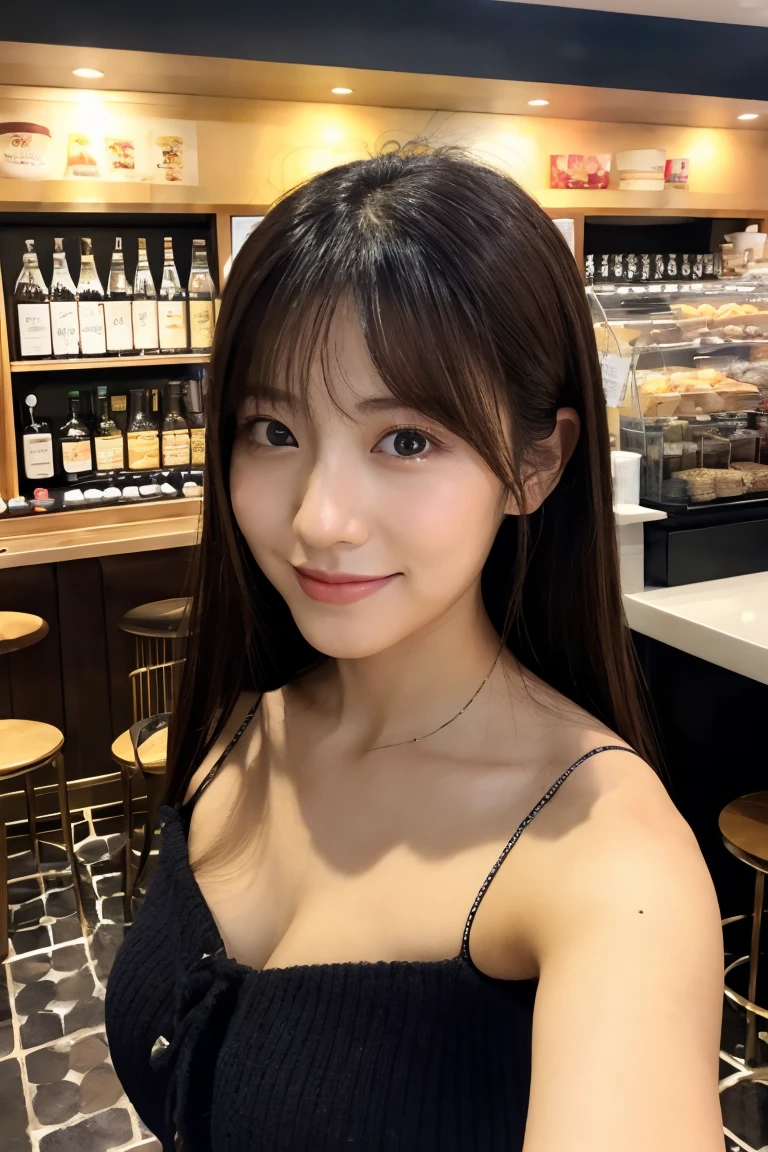 A beautiful Japanese shy girl, 18 years old, long brown hair, brown big eyes, shiny lip, shiny hair, ecstatic expression, in dining room, light shine in, The background is very blurry, wearing sleeveless strapless black Dress, wearing neckless,