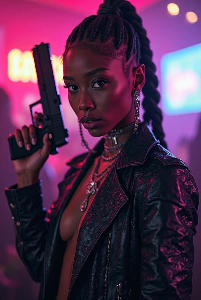 man pointin gun at woman's head, execution, black woman, young, naked, short curly mullet, septum piercing, covered in tatoos, dimples, thick belt around neck, naughty expression, silver shiny latex bodysuit, close-up, UHD, retina, masterpiece, accurate, anatomically correct, textured skin, super detail, high details, high quality, award winning, best quality, highres
