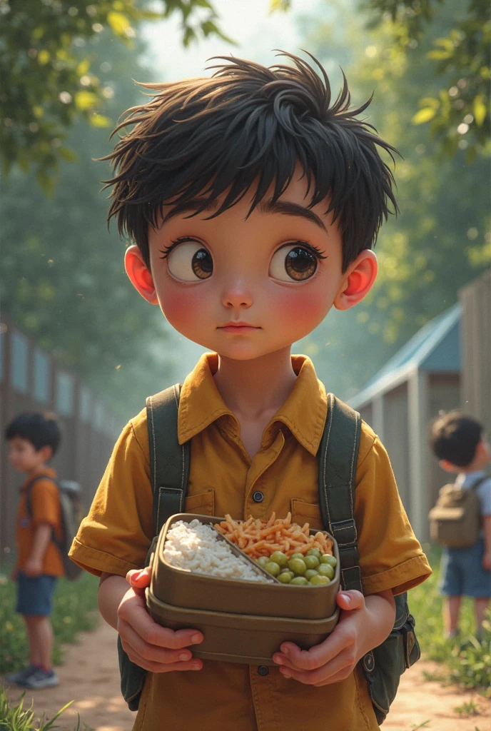 little Bhutanese boy crying looking at the porridge, chilli cheese curry with rice