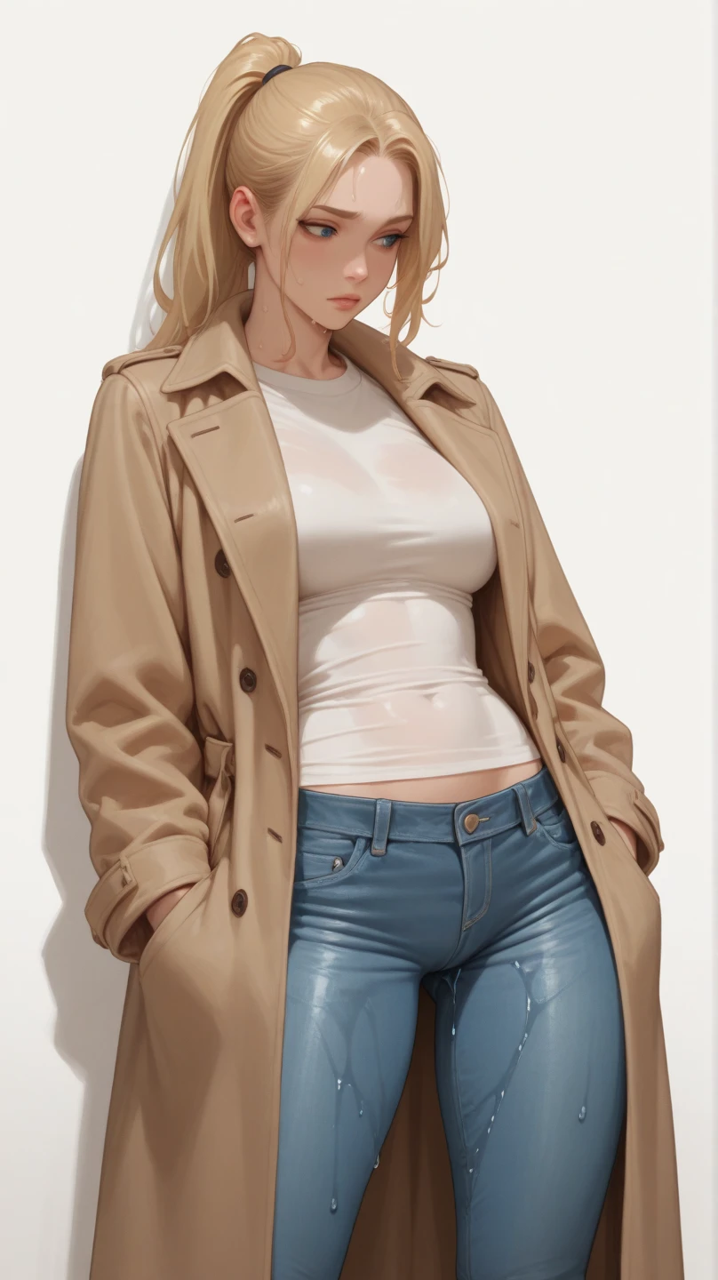 beautiful blonde woman wearing semi transparent shirt, no pants, sexy pose, 8k