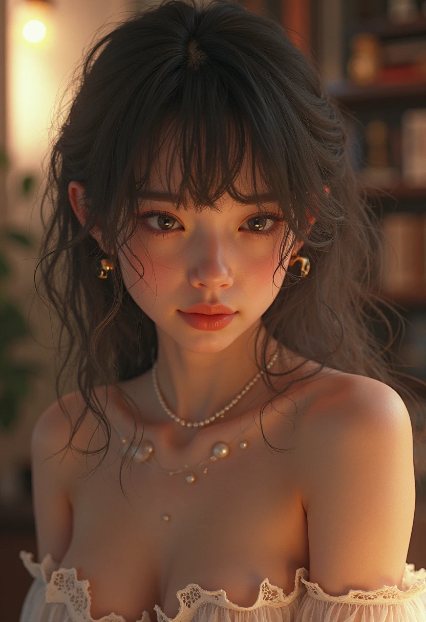 a close-up of a woman in a bikini with butterflies in her hair, bela arte digital, por Yang J, Directed by: Victor Wang, Directed by: Raymond Han, por Li Song, 🌺 CGSetnation, Ross Tran 8 K, Directed by: Chen Lin, 8 k arte digital realista, por Fan Qi, estilo de arte de fantasia, Directed by: Russell Dongjun Lu, wlop e ross tran, Close no rostos de uma garota de cabelo preto e cacheado, pele palida, rosy lips, olhos amarelos, garota bonita, rosto bem detalhado, olhos bem detalhados, borboletas verdes,borboletas brilhantes, orelhas elficas, olhos amarelos, orelhas elficas, garota elfa