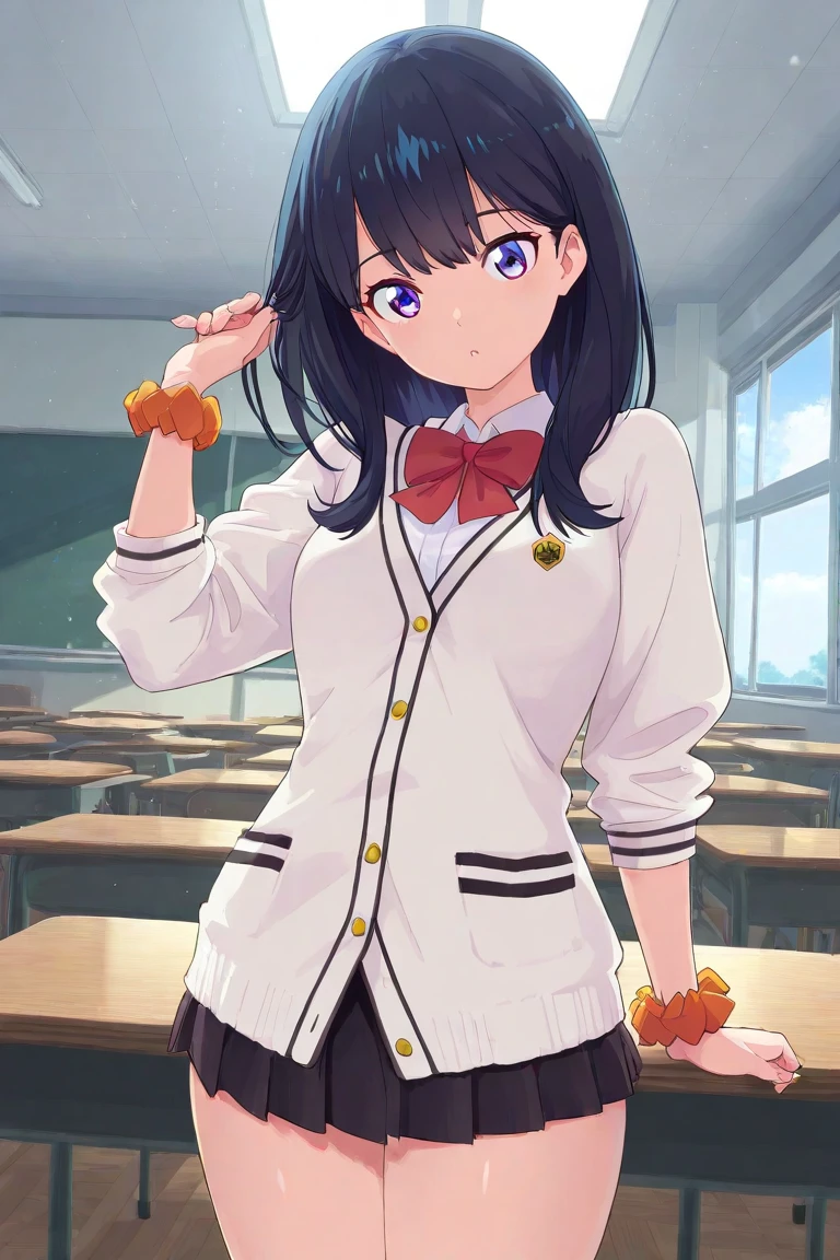 masterpiece, best quality,ultra detail, girl,aarikka,long hair,bangs,school uniform,red bowtie,white cardigan,white shirt,long sleeves,wrist scrunchie,orange scrunchie,black skirt,socks,red socks, <lora:takarada_rikka:0.7>,leg,thrift shop ,bar counter,chair