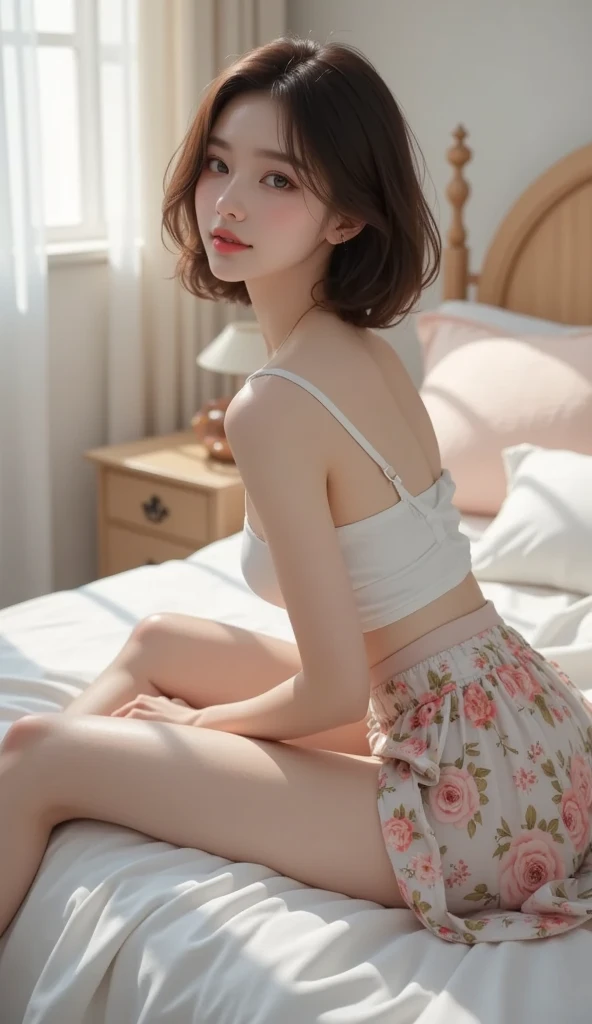 Cute girl lying face down on the bed and looking at you, 22 years old, Realistic, she is wearing shorts, She is wearing floral pajamas, short hair.Shoulder Bare、Chest visible from the front